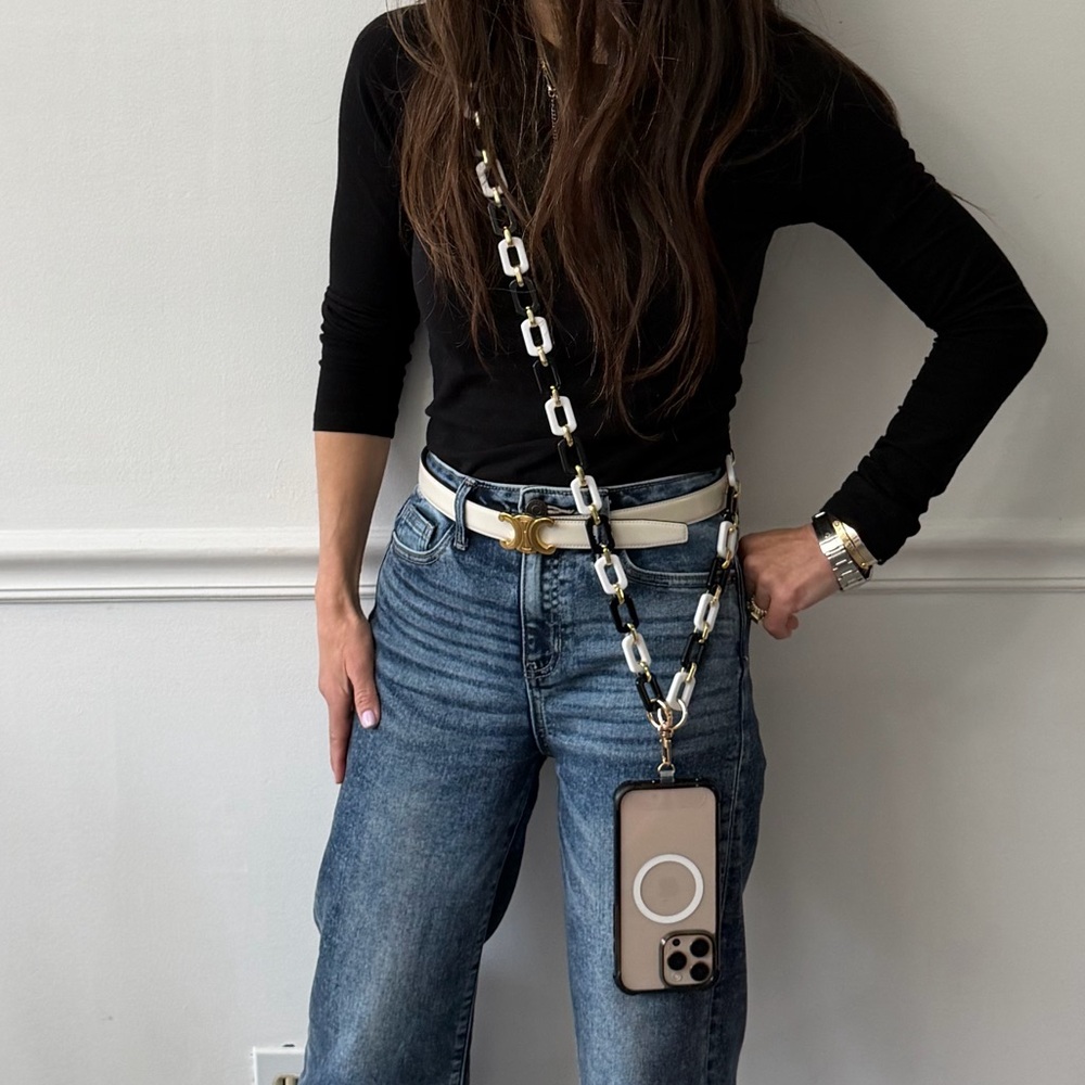 ShopEvelynne Beige Phone Case with White Chain